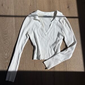 Bershka White Black Long Sleeve Crop Polo Blouse